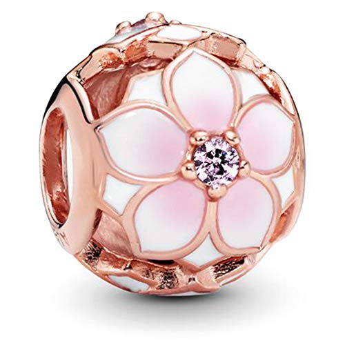 Pandora offen gearbeitetes Rosafarbene Magnolienblüte Charm in Roségold mit 14 Karat rosévergoldete Metalllegierung und Kristall Steinen aus der Pandora Moments Collection
